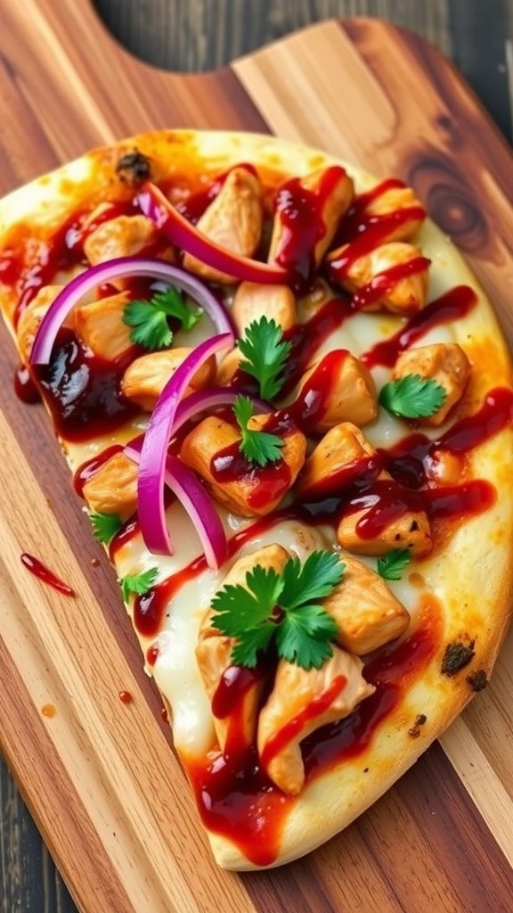 BBQ Chicken Pizza with melted cheese, grilled chicken, red onions, and BBQ sauce on a wooden board.