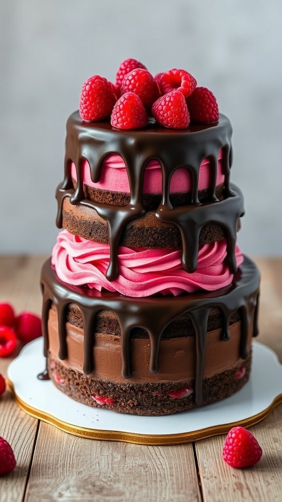 Three-tiered chocolate raspberry layer cake with raspberry buttercream and chocolate ganache, garnished with fresh raspberries.
