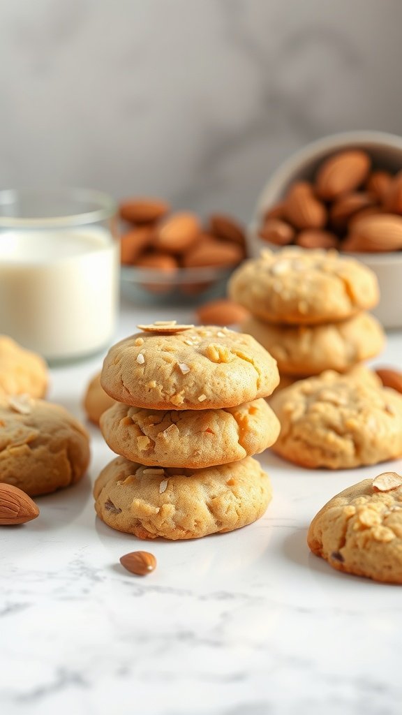 Almond flour protein cookies stacked with almonds in the background