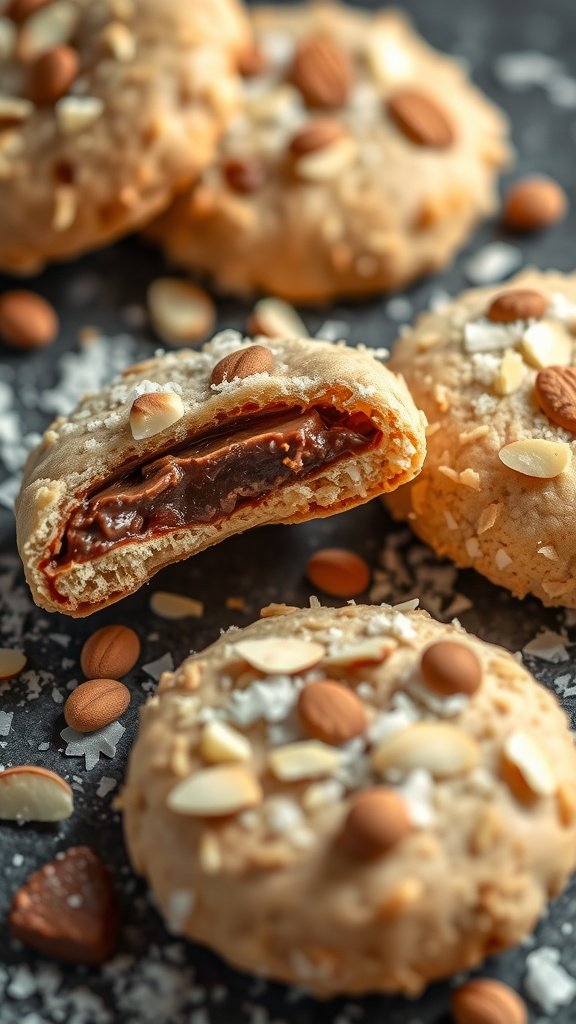 Delicious Almond Joy Hot Chocolate Cookies with chocolate filling and almond toppings.