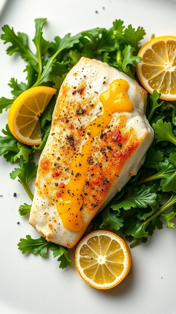 A beautifully plated dish of baked cod topped with lemon garlic butter and garnished with lemon slices and parsley.