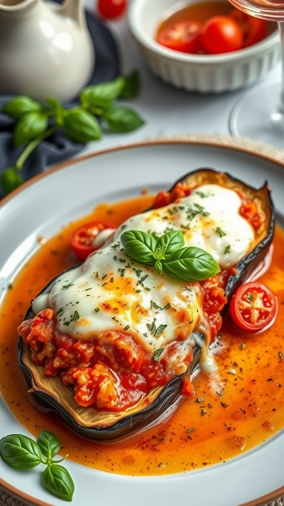 A delicious serving of baked eggplant parmesan topped with melted cheese and fresh basil. Cold Weather Dinner Ideas
