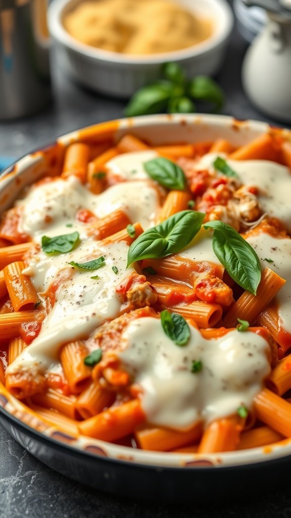 A delicious dish of baked ziti topped with mozzarella cheese and fresh basil.