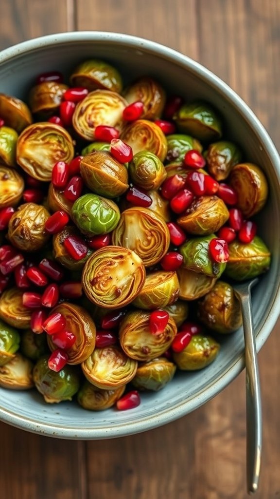 A bowl of balsamic glazed Brussels sprouts garnished with pomegranate seeds.