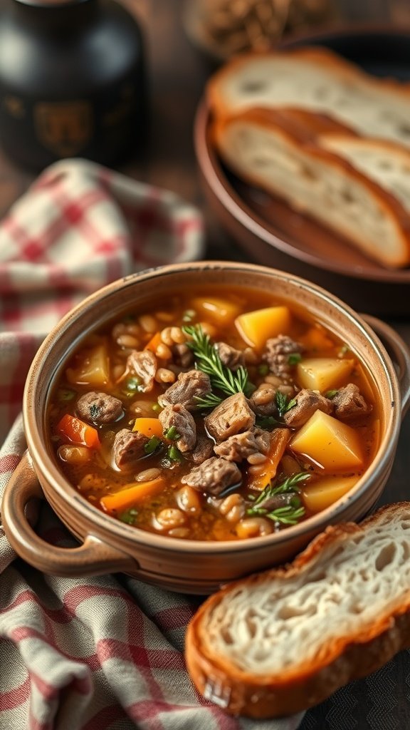 A bowl of hearty beef and barley soup with vegetables and a side of bread.