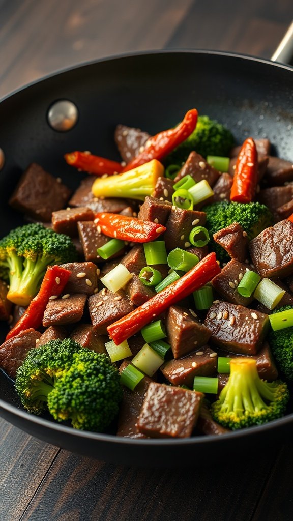 A delicious beef and broccoli stir-fry featuring tender beef chunks, fresh broccoli, and vibrant red peppers in a savory sauce.