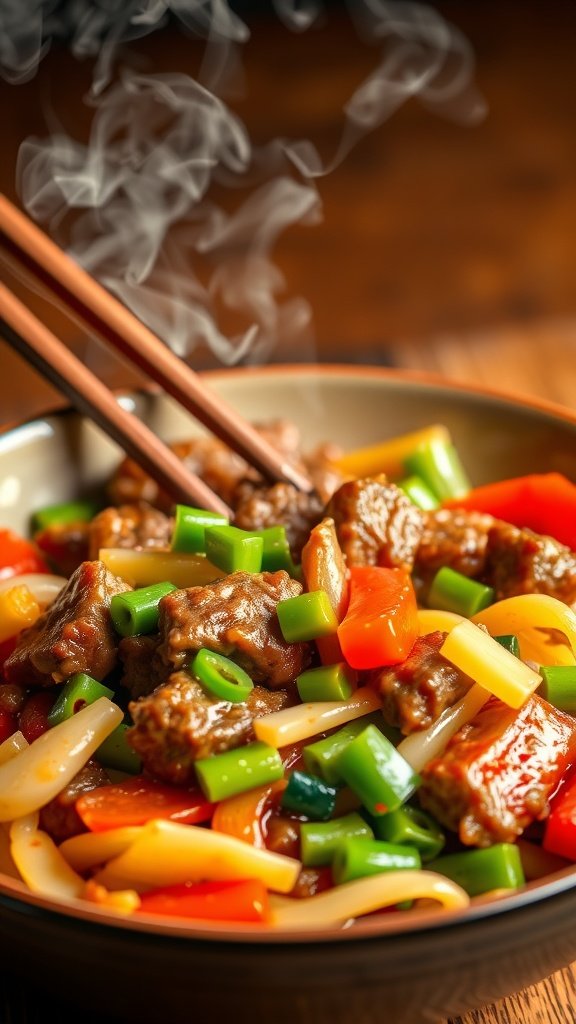 A delicious beef and vegetable stir-fry served in a bowl with chopsticks.