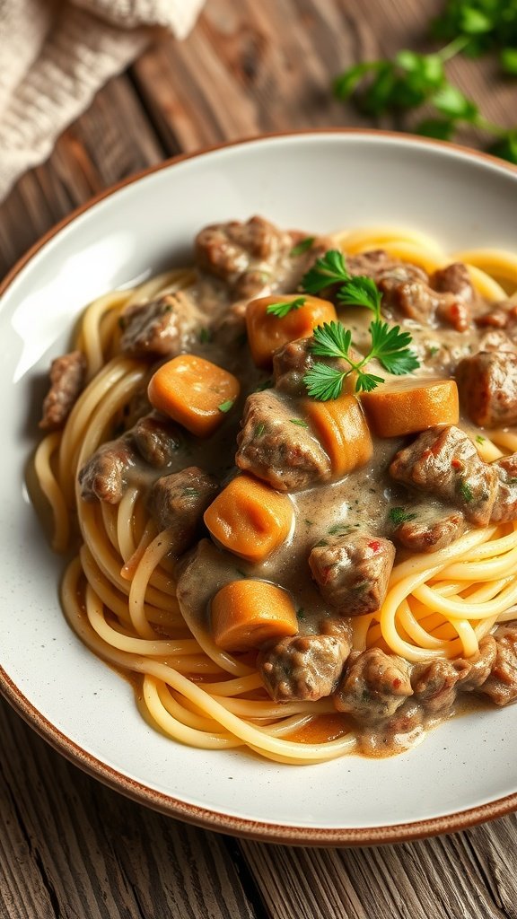 A plate of beef stroganoff served over egg noodles, garnished with parsley. Cold Weather Dinner Ideas