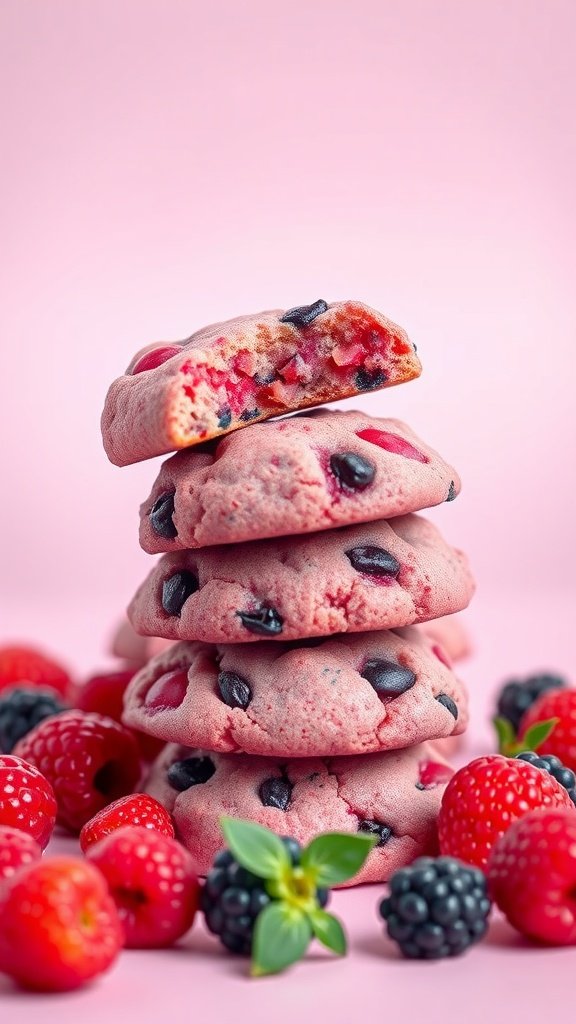 A stack of colorful berry cookies with fresh raspberries and blackberries around them.
