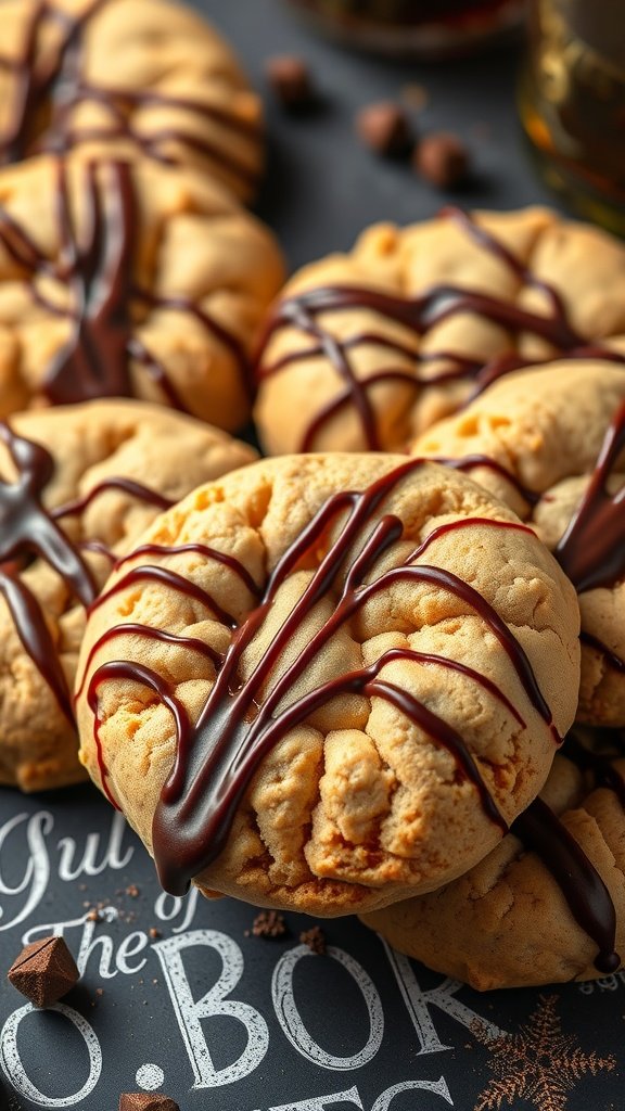 Bourbon Infused Hot Chocolate Cookies with chocolate drizzle