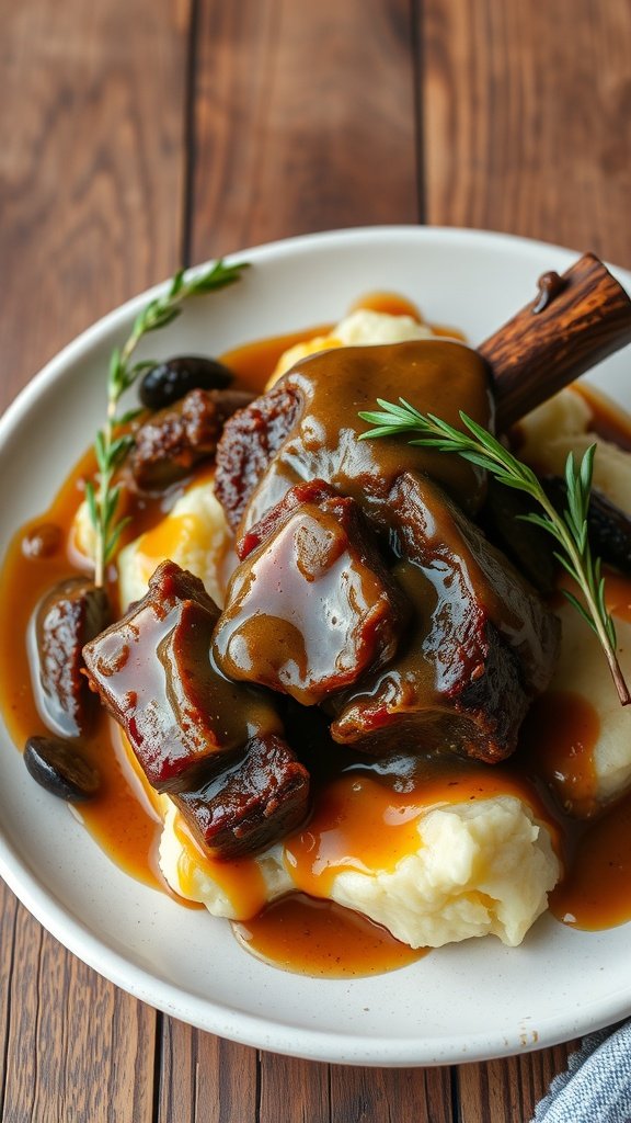 Braised short ribs served over creamy mashed potatoes with rich gravy.