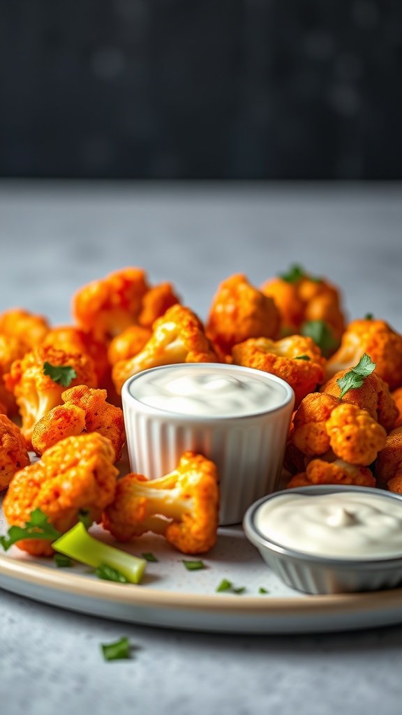 Buffalo cauliflower bites served with dipping sauce