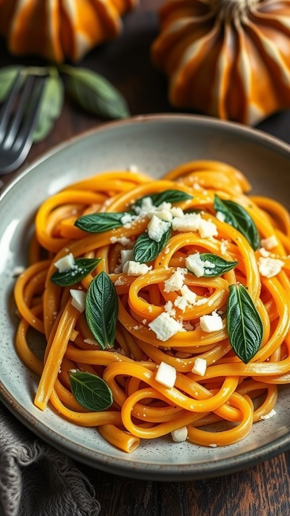 A plate of butternut squash and sage pasta garnished with fresh herbs.