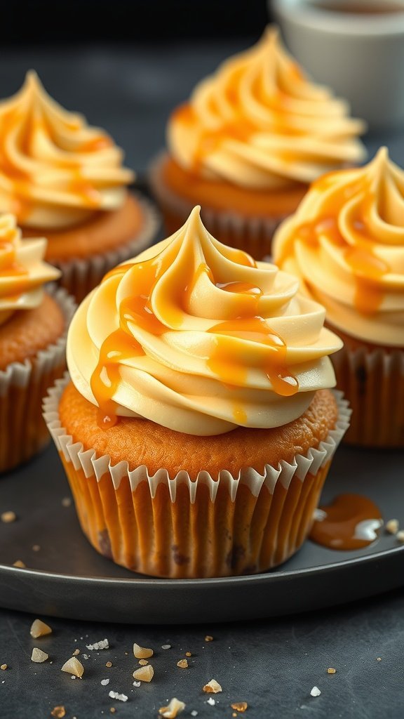 Delicious butterscotch pudding cupcakes topped with creamy frosting and drizzled with butterscotch sauce.