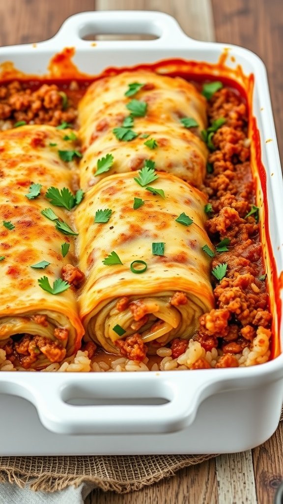 A delicious cabbage roll casserole with layers of meat, rice, and cabbage topped with cheese.