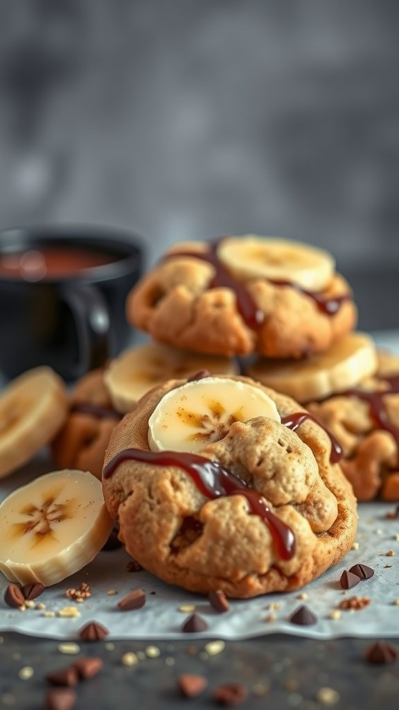 Delicious cookies topped with banana slices and chocolate drizzle