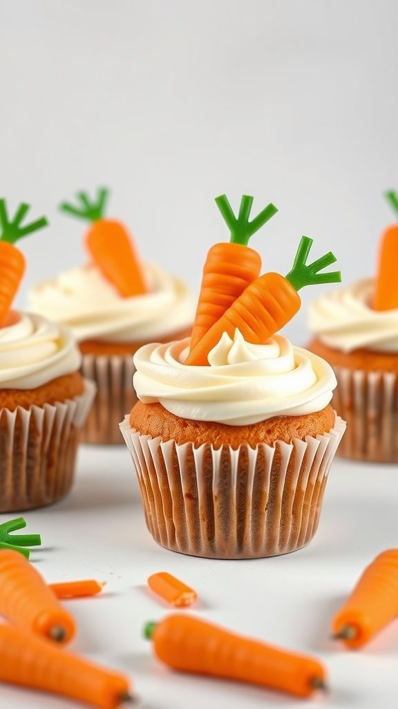 Carrot cake cupcakes with cream cheese frosting and carrot decorations