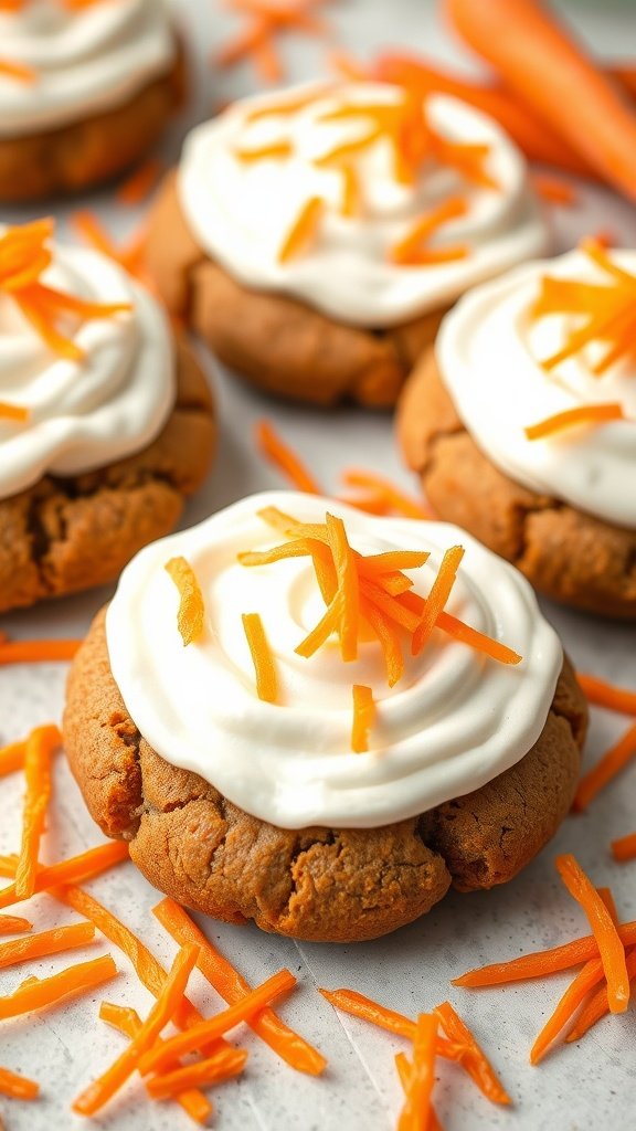 Delicious carrot cake protein cookies topped with creamy frosting and garnished with shredded carrots.