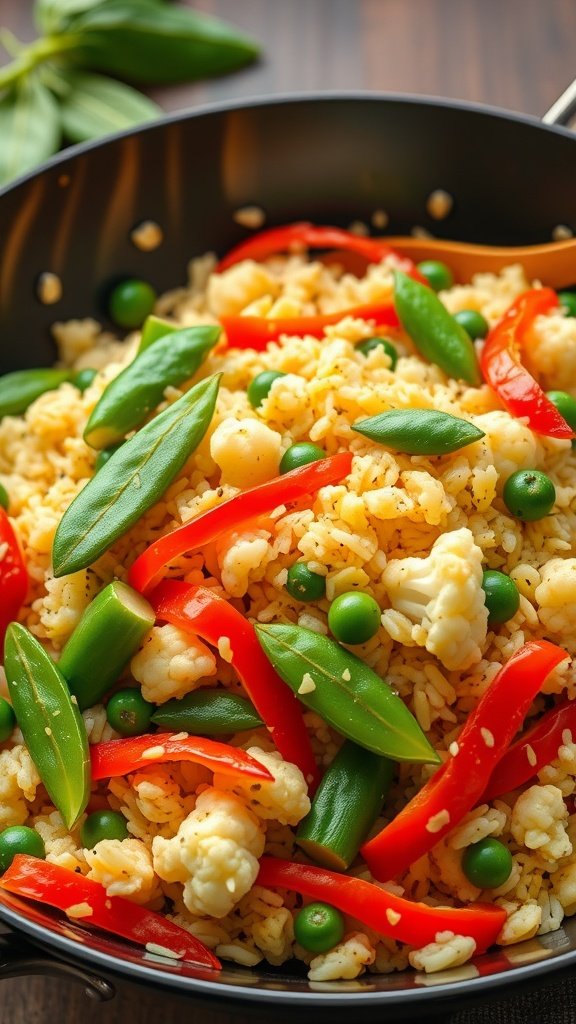 A colorful cauliflower rice stir-fry with green peas, red bell peppers, and snap peas. High Protein Low Carb Meals
