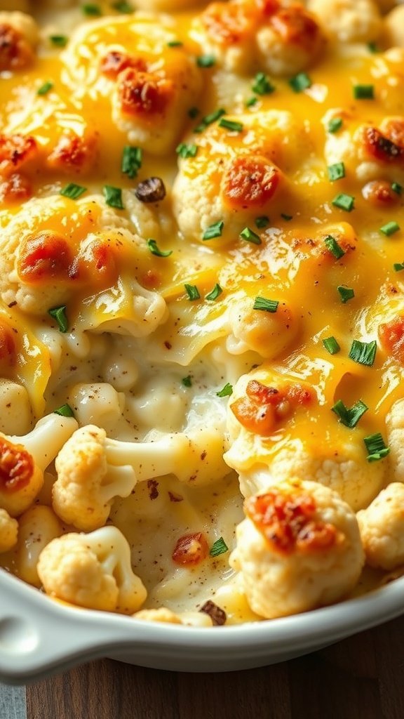 Cheesy cauliflower bake with melted cheese and garnished with chives.