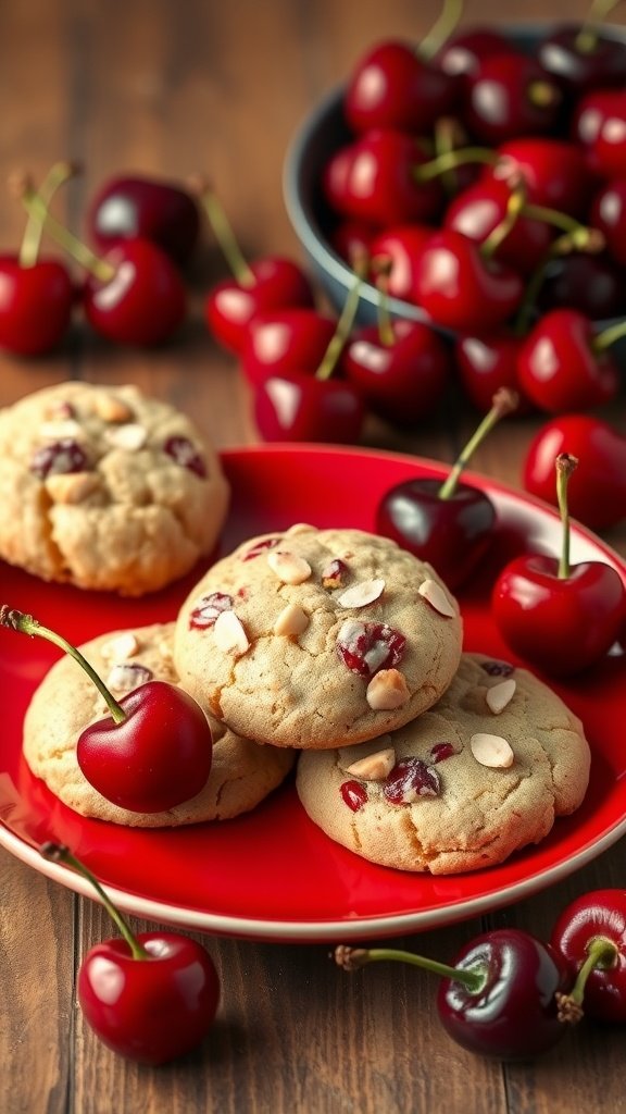 A plate of Cherry Almond Protein Cookies with fresh cherries