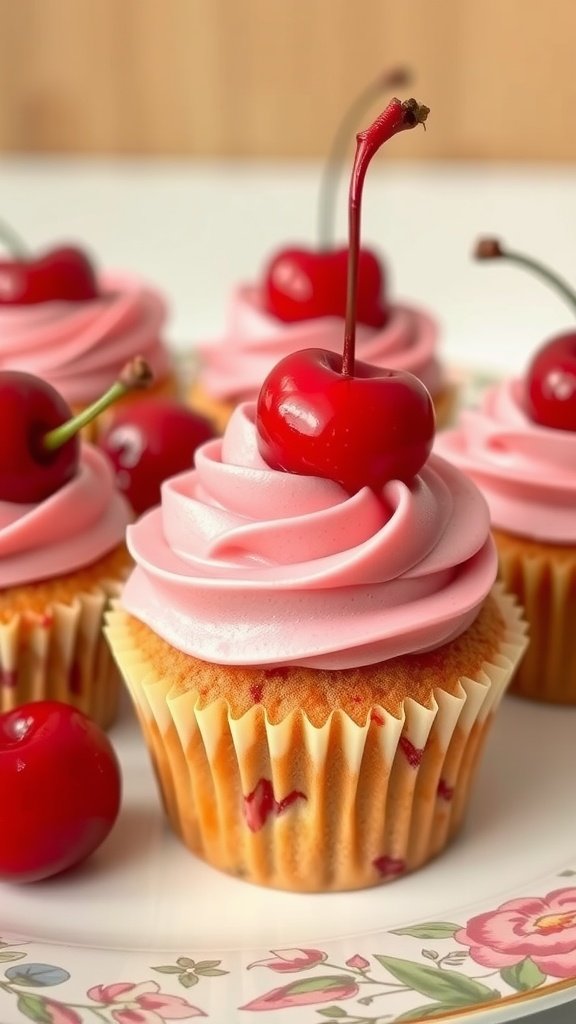 Cherry Almond Surprise cupcakes with pink frosting topped with cherries