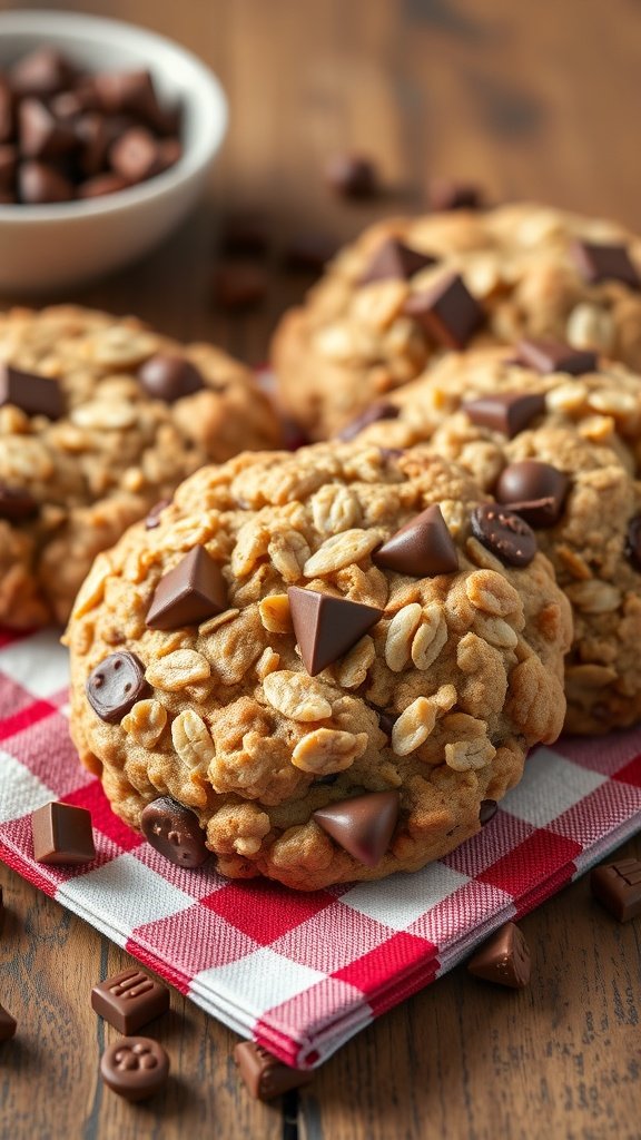 Chewy oatmeal hot chocolate cookies with chocolate chips and a warm, inviting appearance.