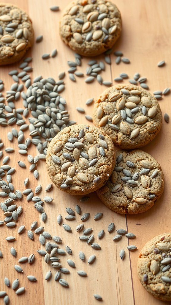 Chia Seed Protein Cookies with sunflower seeds on a wooden surface