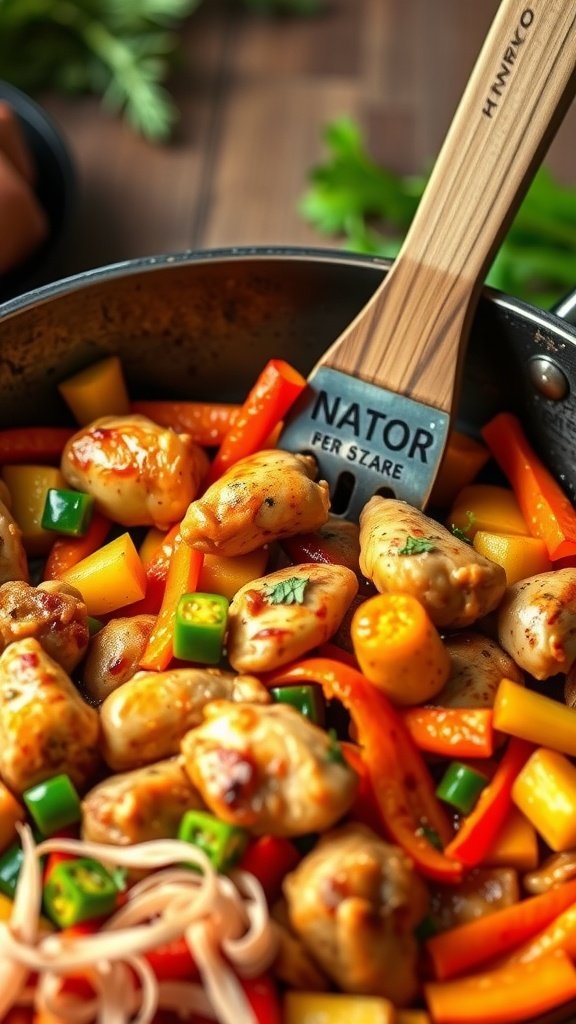 A colorful chicken and vegetable stir-fry dish.