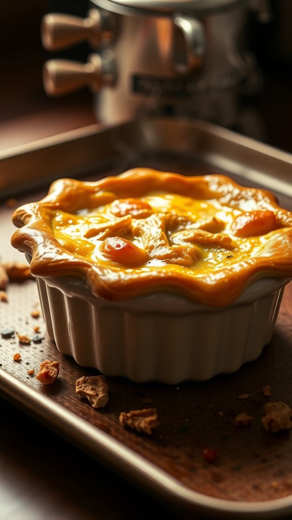 A freshly baked chicken pot pie with a flaky crust, resting on a baking tray.
