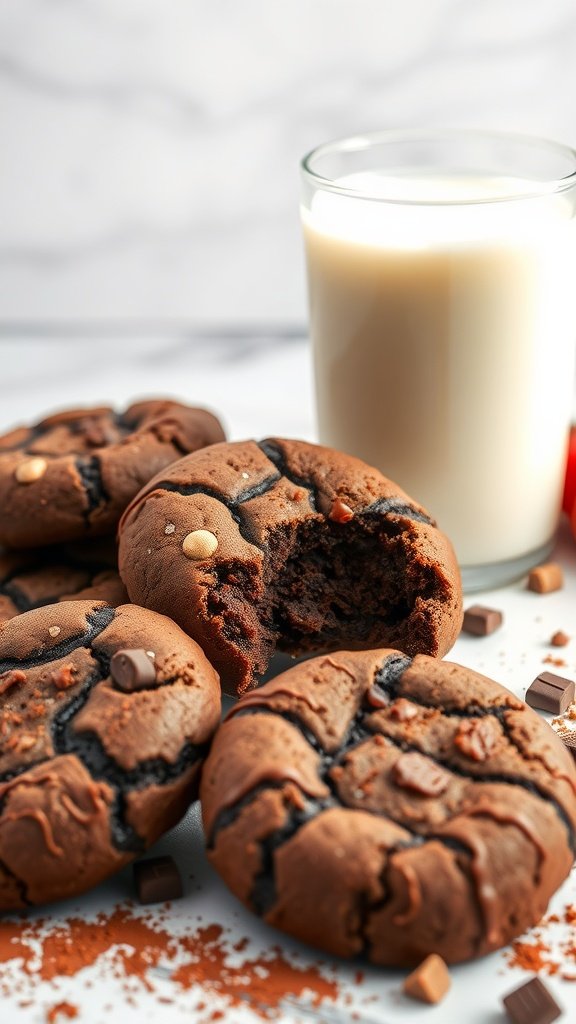Delicious chili chocolate hot cocoa cookies stacked with a glass of milk