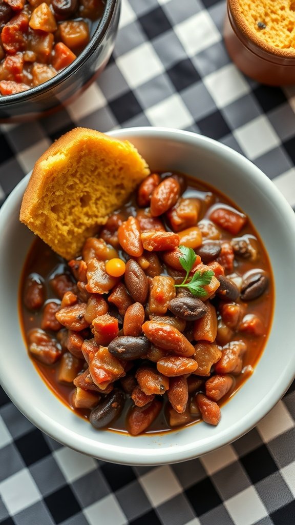 A bowl of chili con carne with cornbread on a checkered tablecloth.