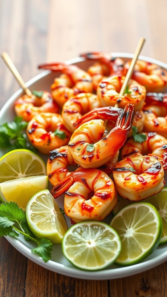 A plate of grilled shrimp skewers garnished with lime slices and cilantro