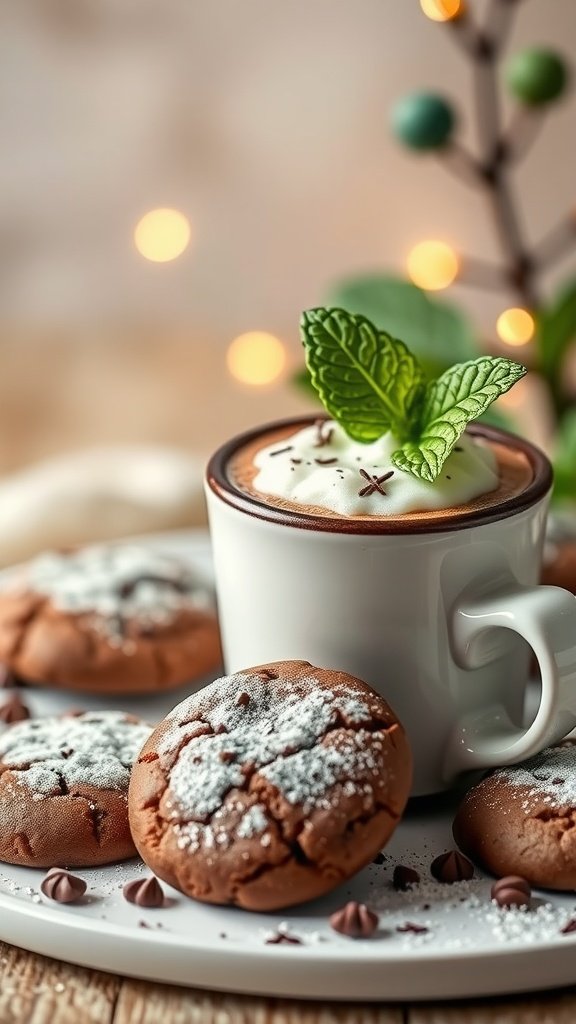 Choco-Mint Hot Chocolate Cookies on a plate with a cup of hot chocolate