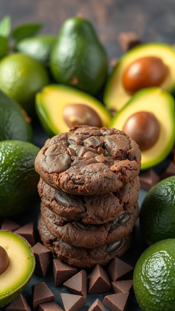 Delicious chocolate avocado protein cookies stacked with fresh avocados in the background.
