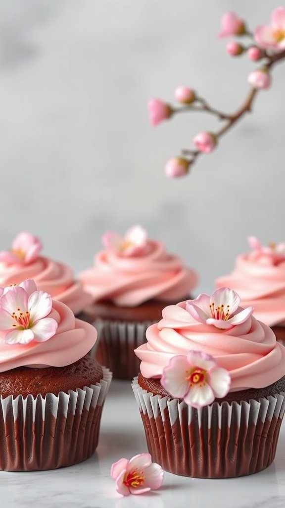 Chocolate cupcakes with pink cherry blossom frosting and flowers