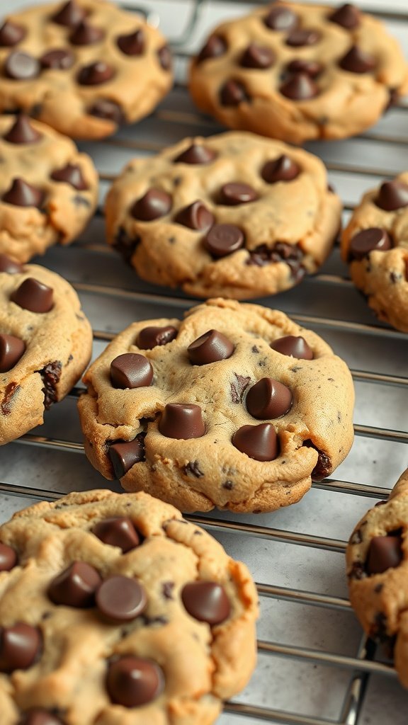 Chocolate chip protein cookies on a cooling rack