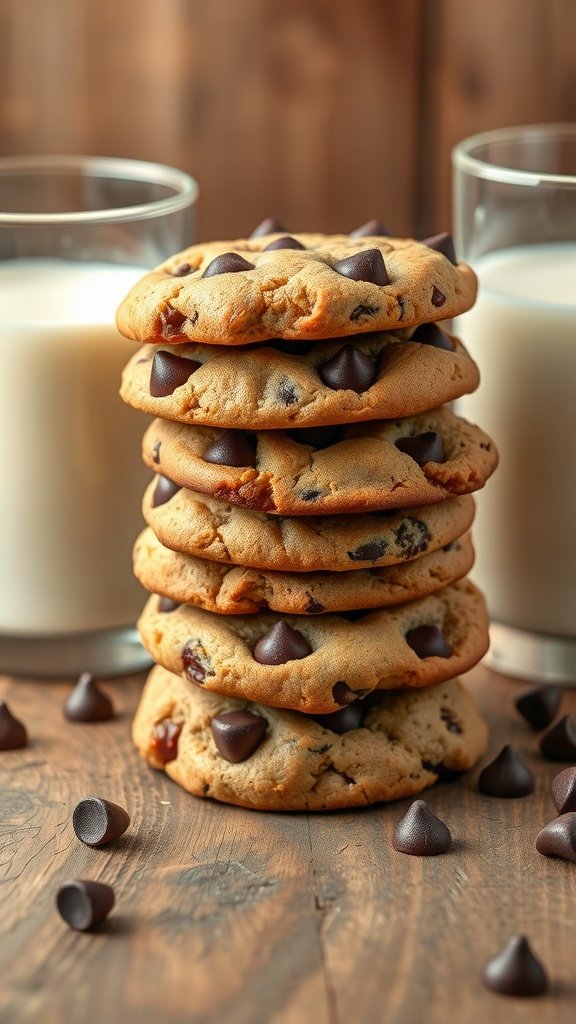 A stack of chocolate chip protein cookies with chocolate chips scattered around