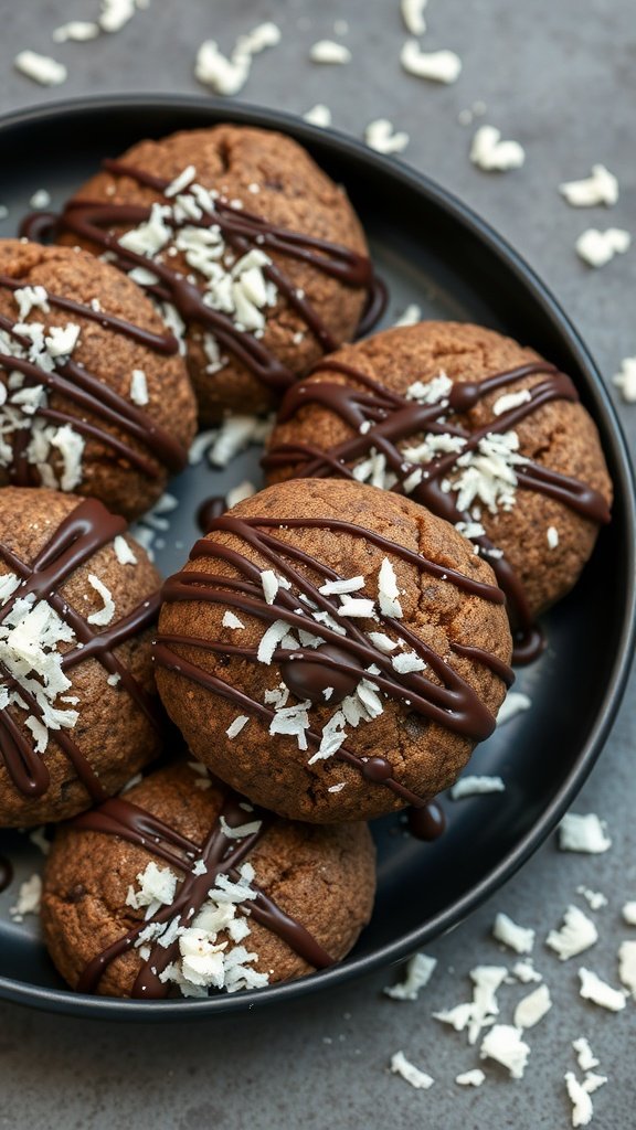 Plate of chocolate coconut protein cookies drizzled with chocolate and sprinkled with coconut flakes.