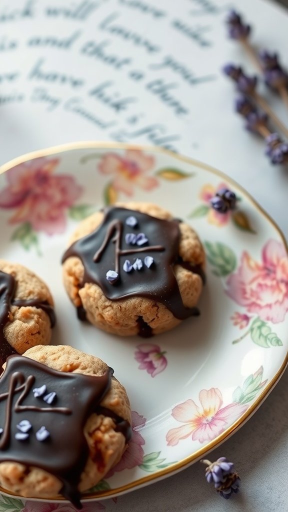 Chocolate Lavender Hot Cocoa Cookies on a floral plate