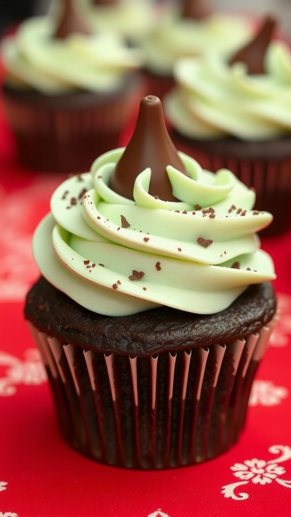 Chocolate mint kiss cupcakes with green frosting and chocolate kiss on top. Valentine's Day Cupcake