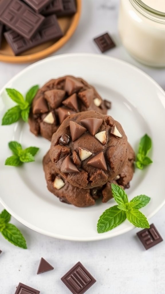 Plate of chocolate mint protein cookies garnished with mint leaves and chocolate pieces.