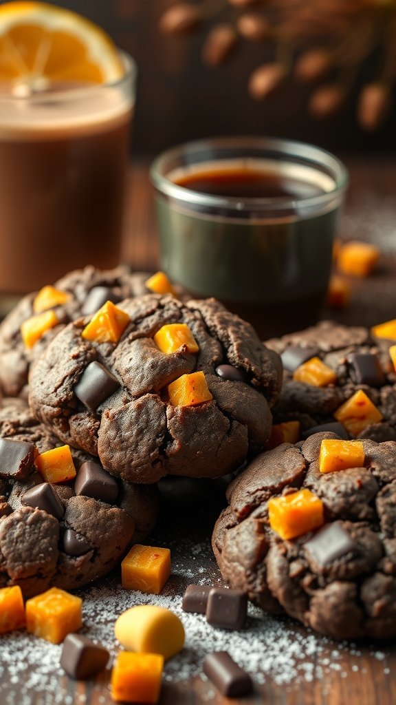 Delicious chocolate cookies with orange chunks and melted chocolate pieces.
