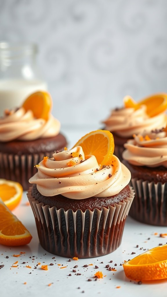 Chocolate Orange Zest cupcakes decorated with orange slices and zest. Valentine's Day Cupcake