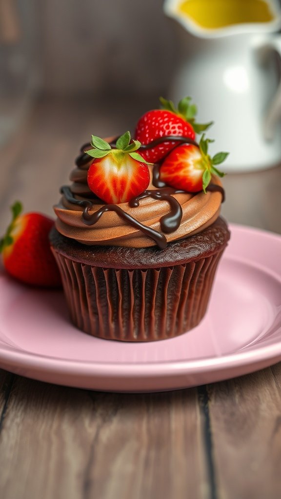 Chocolate strawberry delight cupcakes topped with fresh strawberries and chocolate drizzle. Valentine's Day Cupcake