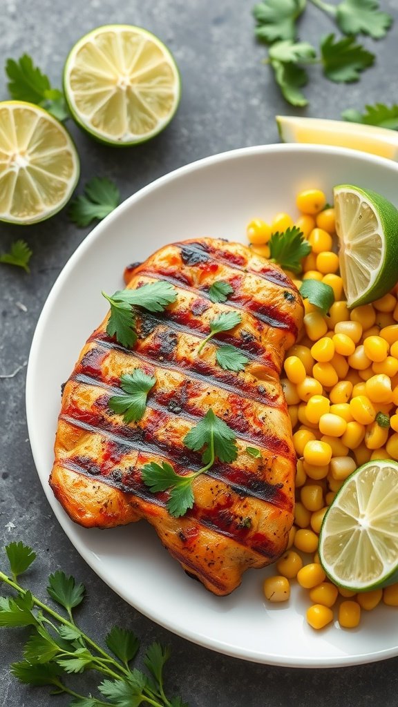 Grilled cilantro lime chicken served with corn and lime wedges