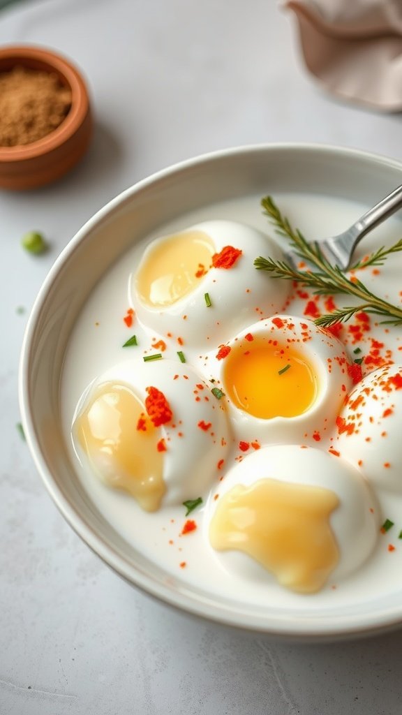 Cilbir, a dish of poached eggs on yogurt with spices. Mediterranean Breakfast