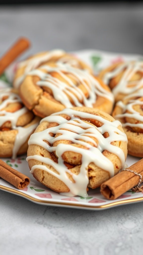 Cinnamon Roll Protein Cookies drizzled with icing on a plate with cinnamon sticks.