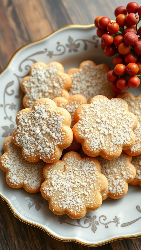 A plate of classic sugar protein cookies, lightly dusted with powdered sugar and shaped like flowers.