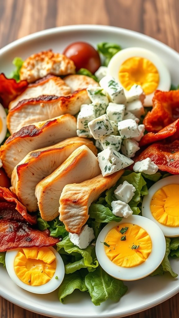 A colorful Cobb salad with grilled chicken, hard-boiled eggs, bacon, and blue cheese. High Protein Low Carb Meals